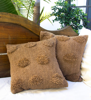 handwoven natural wool throw boucle cushion brown
